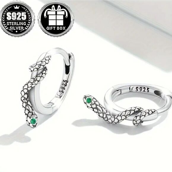925 Silver Snake Hoop Earrings with Green Accents - Picture 2 of 5